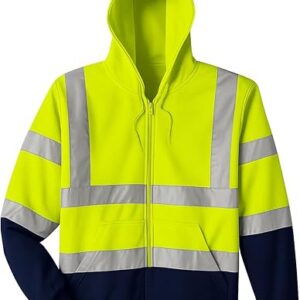 Hi Vis Zipper Reflective Tape Hoody hooded Work wear Security fleece Safety warm sweatshirt